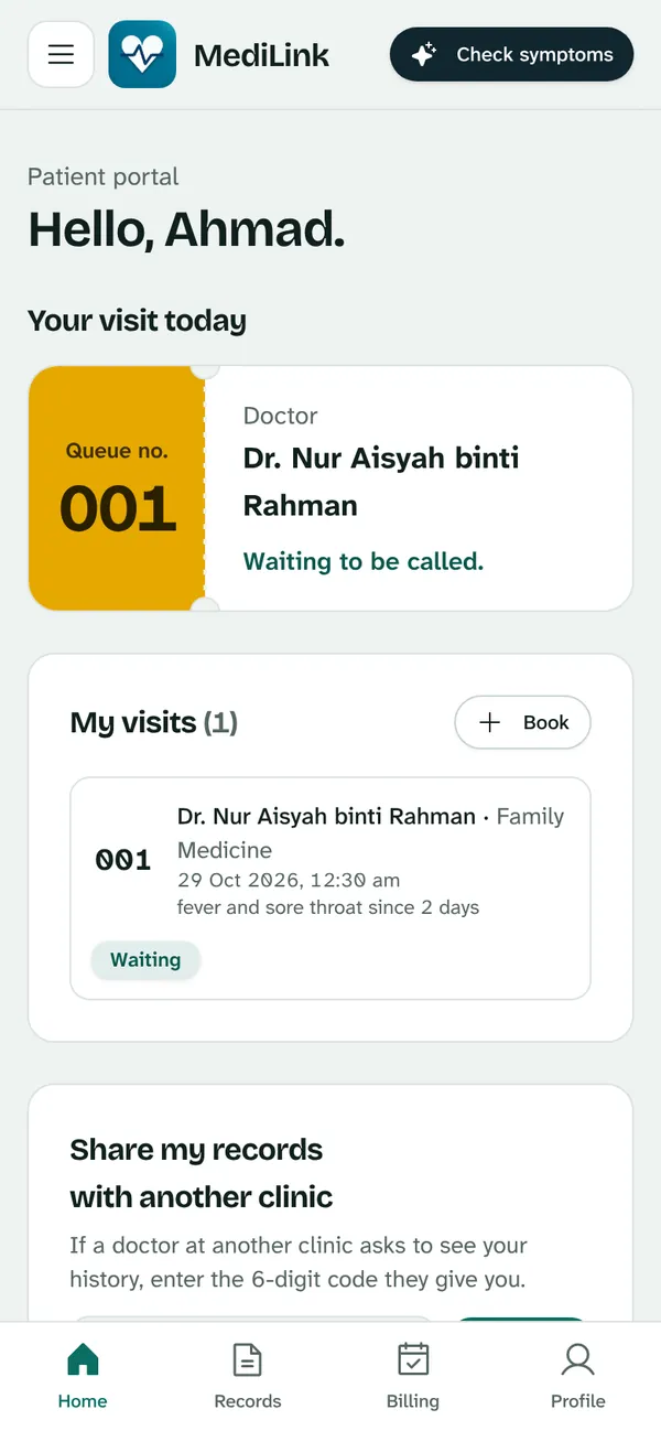 The patient's phone view of MediLink with their visits and records.