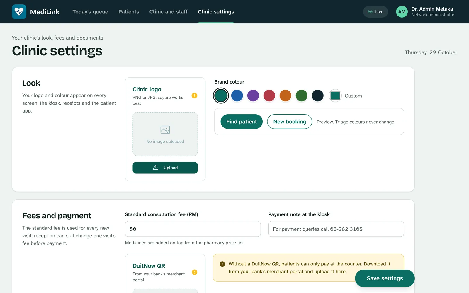 Clinic settings: logo upload, brand colour swatches with a preview, and the consultation fee.