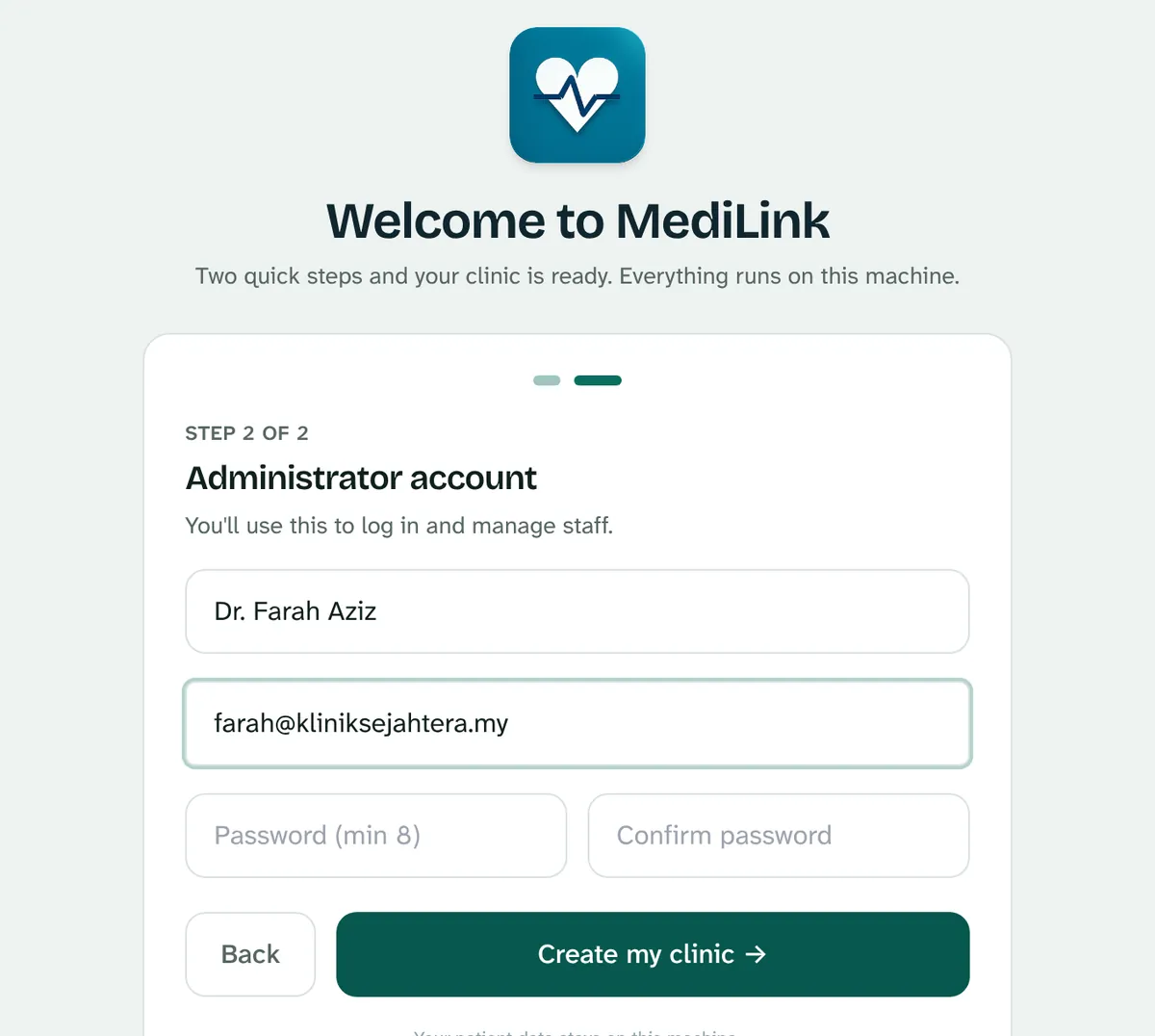 Setup, step 2 of 2: administrator name and login email.