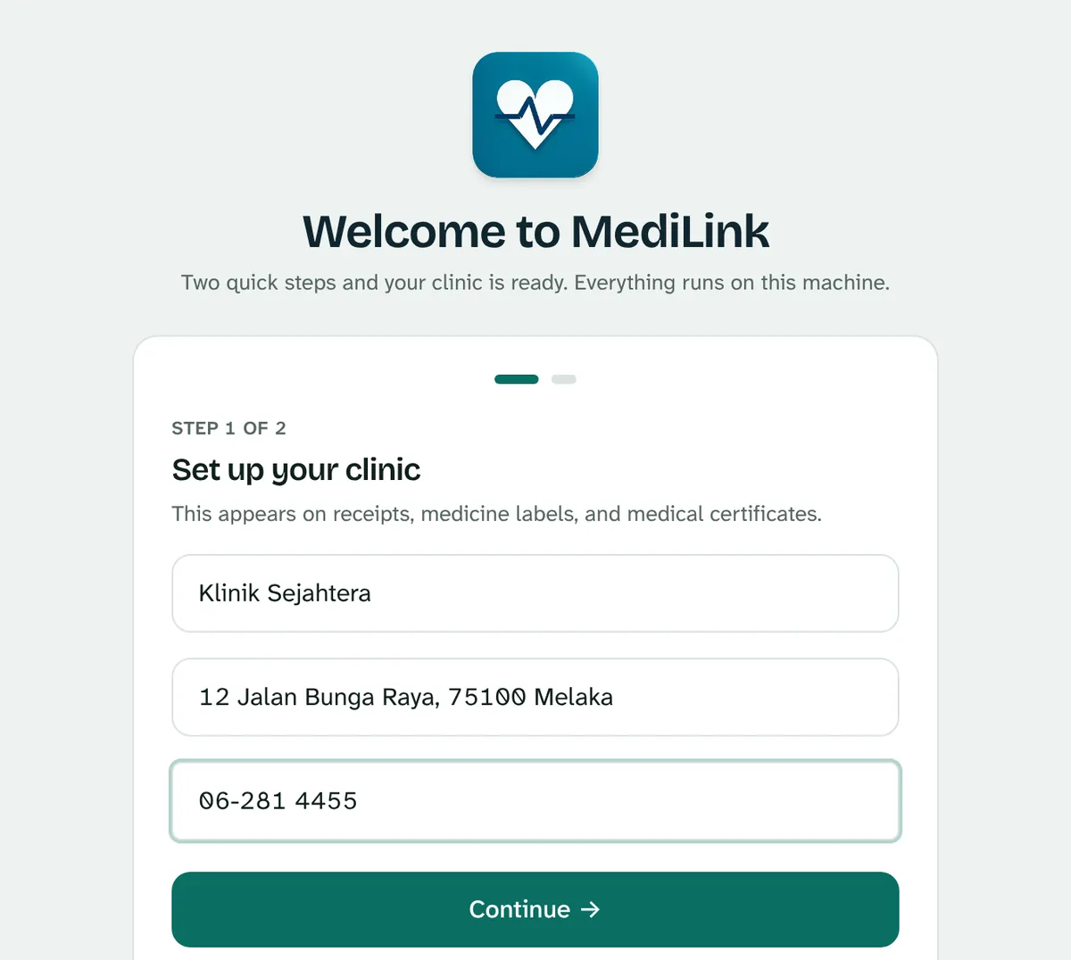 Setup, step 1 of 2: clinic name Klinik Sejahtera, address and phone filled in.