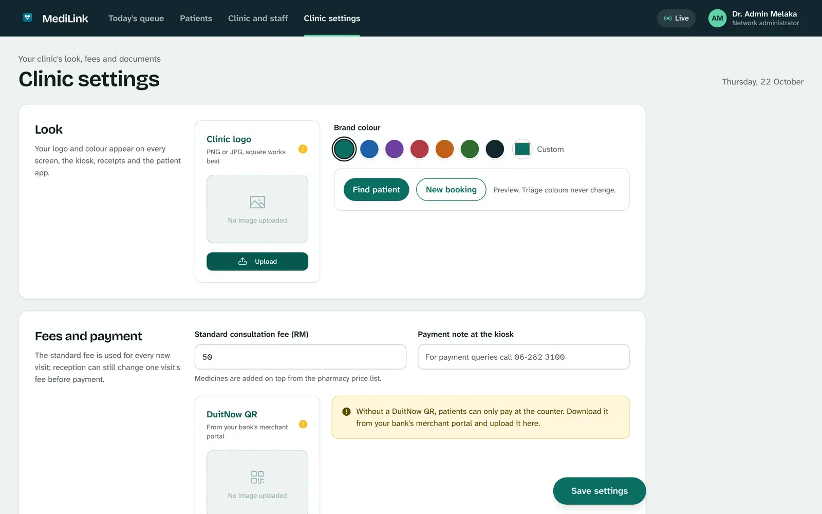 Clinic settings: logo upload, brand colour choices with a preview, standard consultation fee and DuitNow QR.